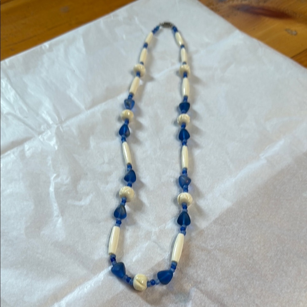 Blue and Cream Beaded Necklace with Elegant Design